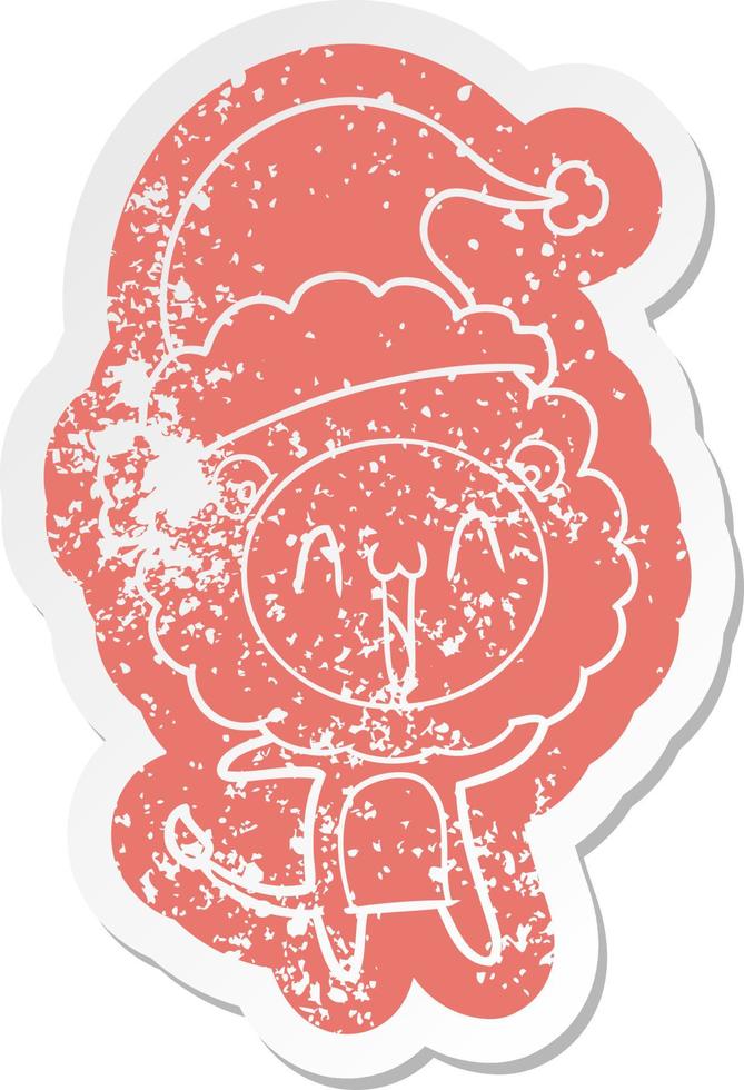 happy cartoon distressed sticker of a lion wearing santa hat vector