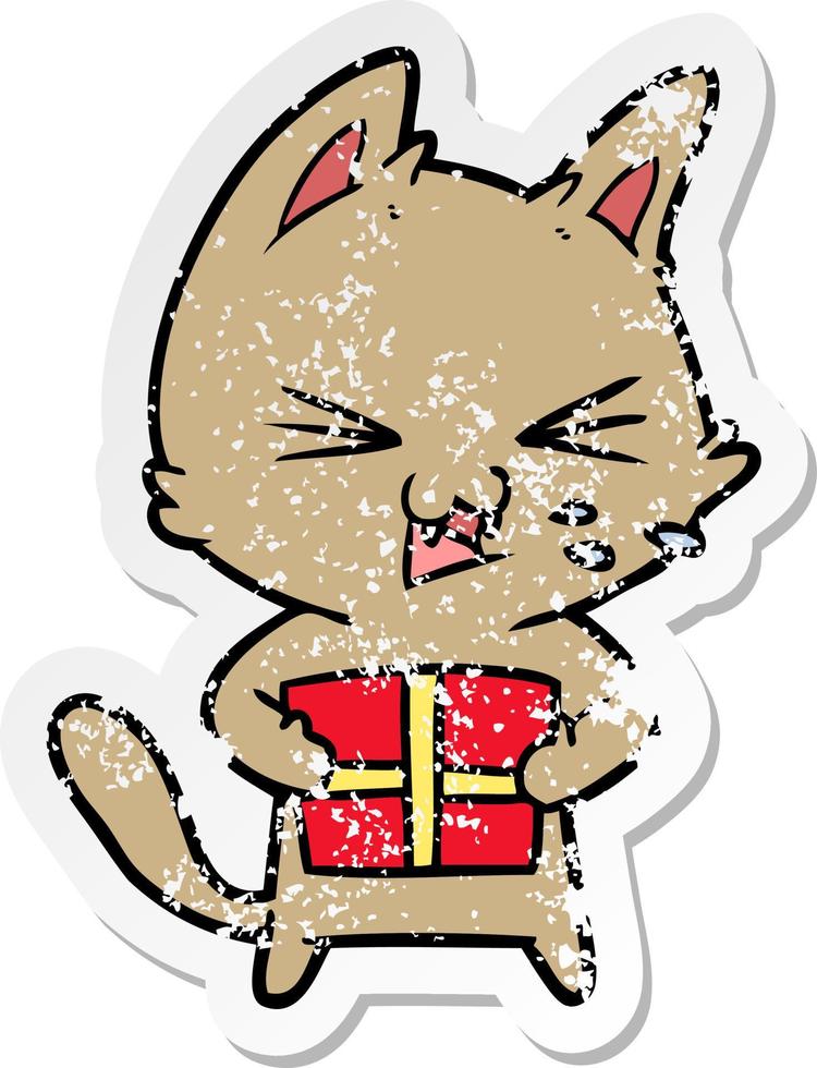 distressed sticker of a cartoon hissing cat with christmas present vector