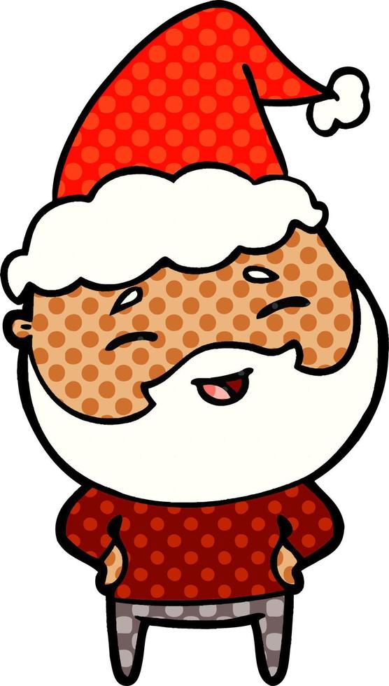 comic book style illustration of a happy bearded man wearing santa hat vector