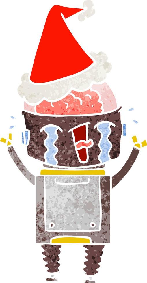 retro cartoon of a crying robot wearing santa hat vector