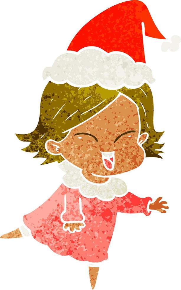 happy retro cartoon of a girl wearing santa hat vector