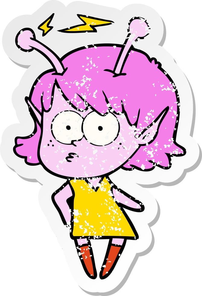 distressed sticker of a cartoon alien girl vector