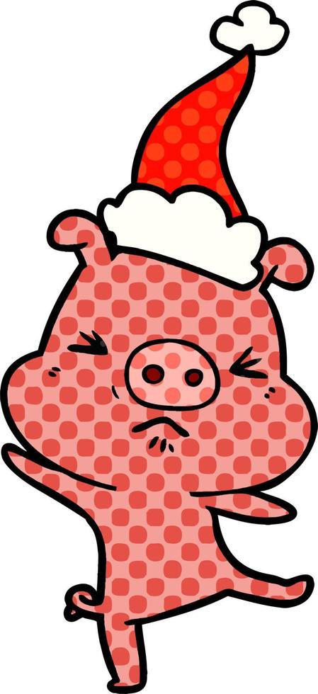 comic book style illustration of a furious pig wearing santa hat vector