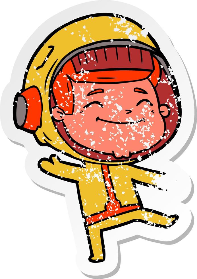 distressed sticker of a happy cartoon astronaut vector