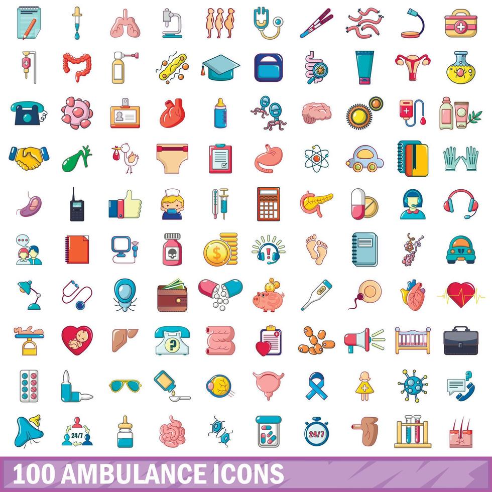 100 ambulance icons set, cartoon style vector