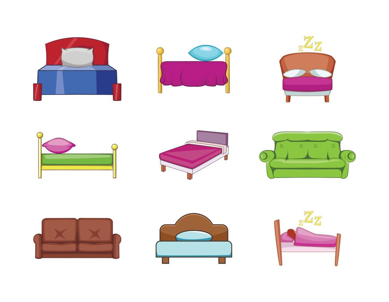 conjunto de iconos de cama, estilo de dibujos animados vector