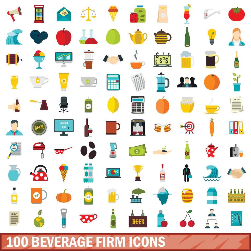 100 beverage firm icons set, flat style vector