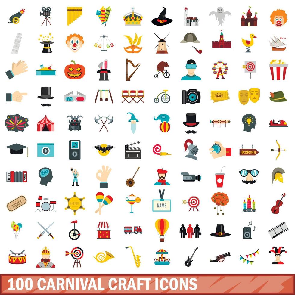 100 carnival craft icons set, flat style vector