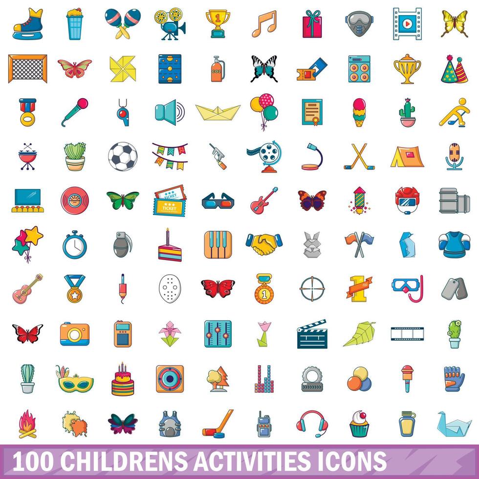 100 actividades para niños, conjunto de iconos de estilo de dibujos animados vector