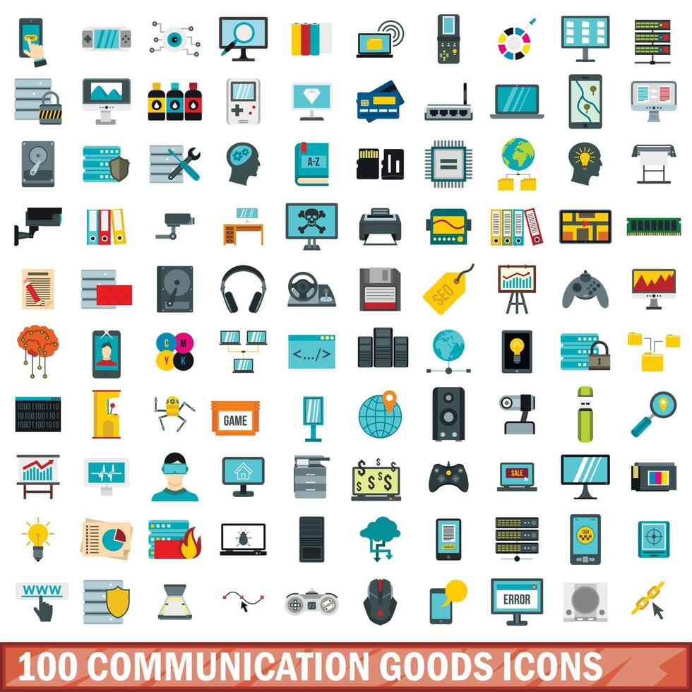 100 iconos de bienes de comunicación establecidos, tipo plano vector