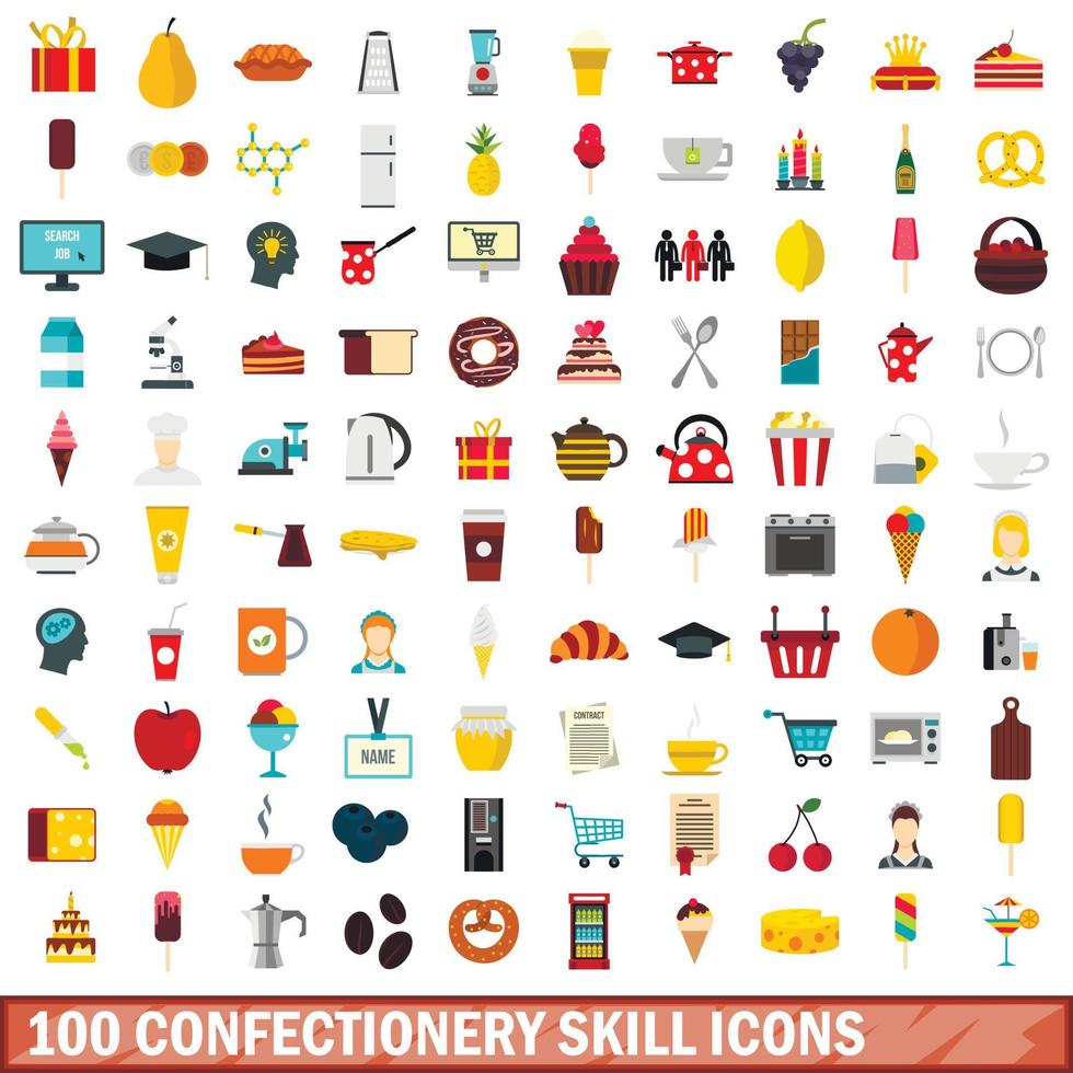 100 confectionery skill icons set, flat style vector