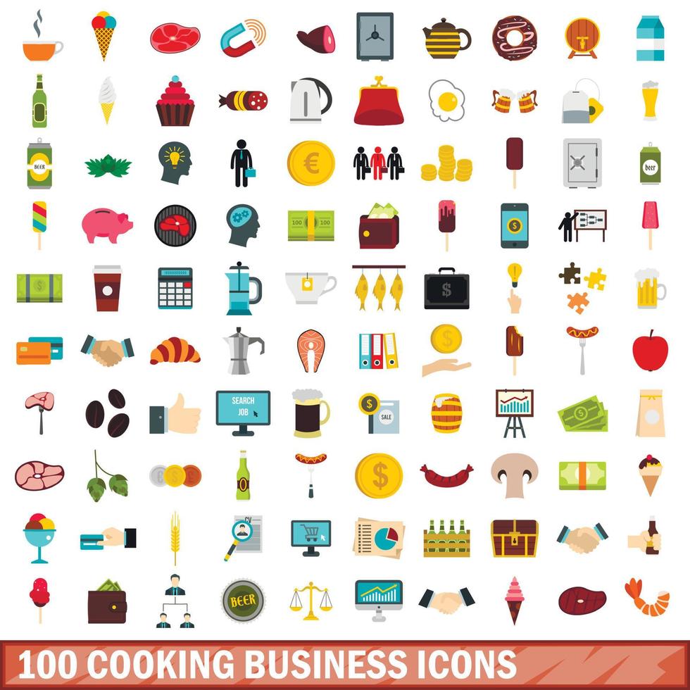 100 iconos de negocios de cocina establecidos, tipo plano vector