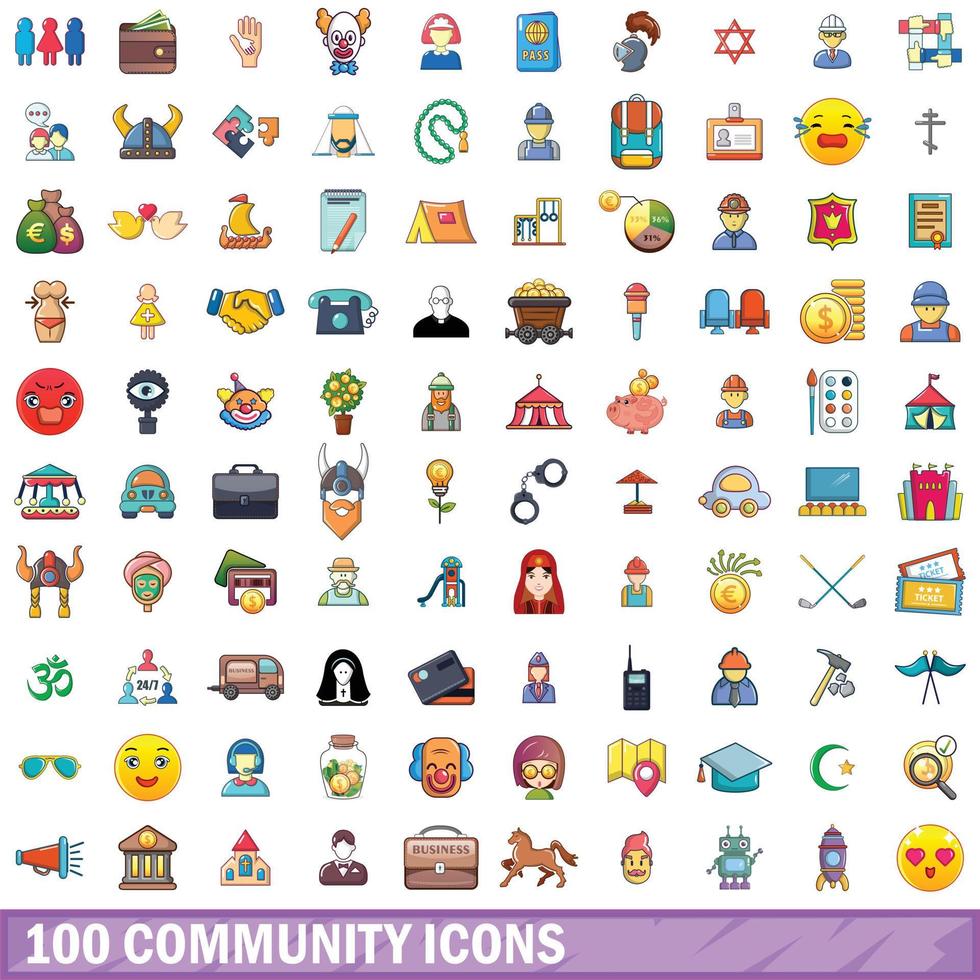 100 iconos comunitarios, estilo de dibujos animados vector