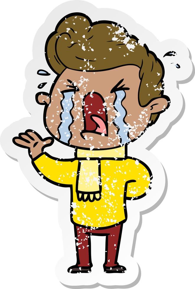 distressed sticker of a cartoon crying man vector