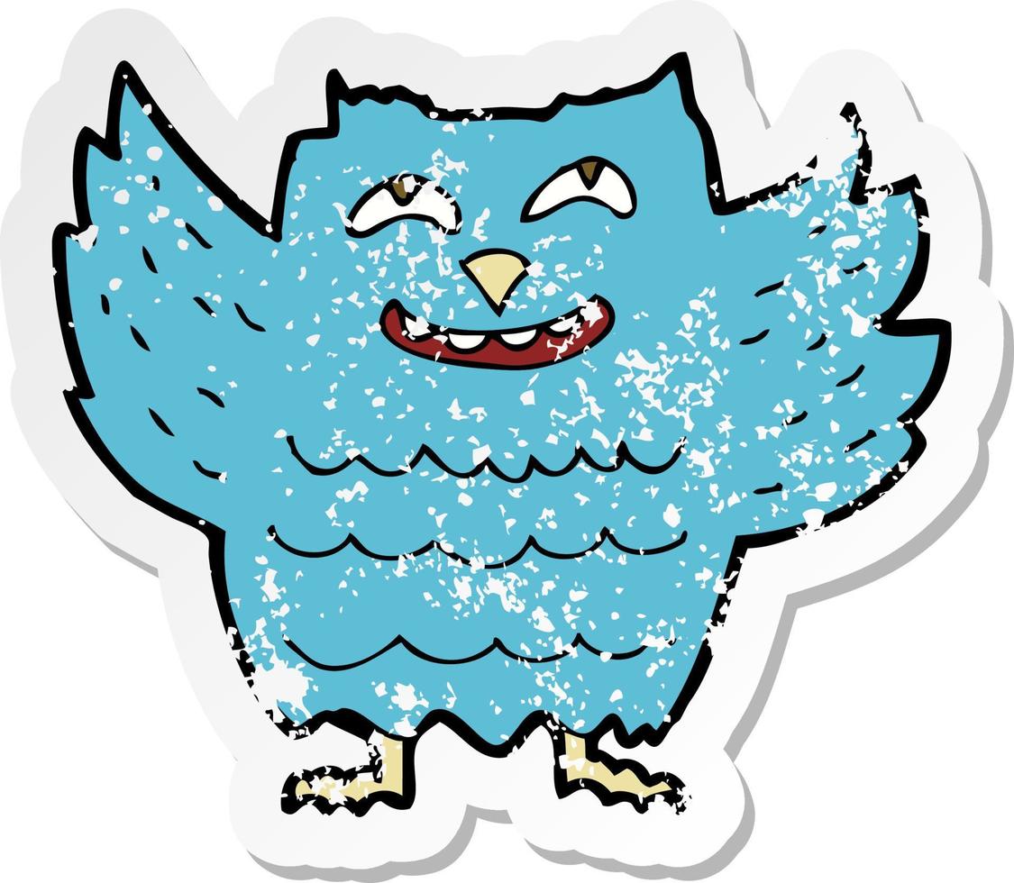 retro distressed sticker of a cartoon happy owl vector