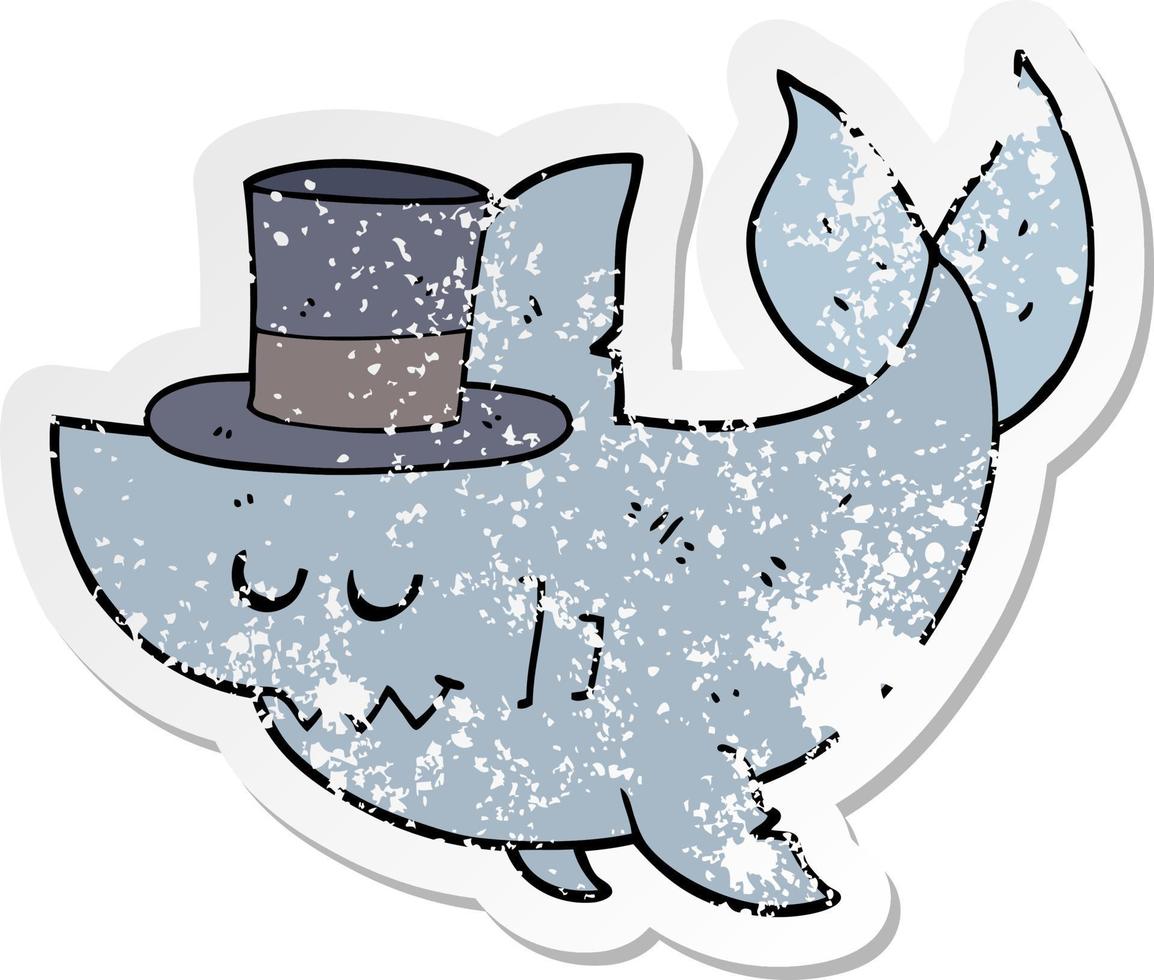 distressed sticker of a cartoon shark wearing top hat vector