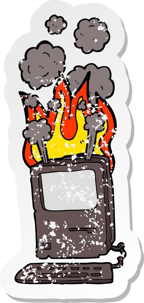 retro distressed sticker of a cartoon old computer vector