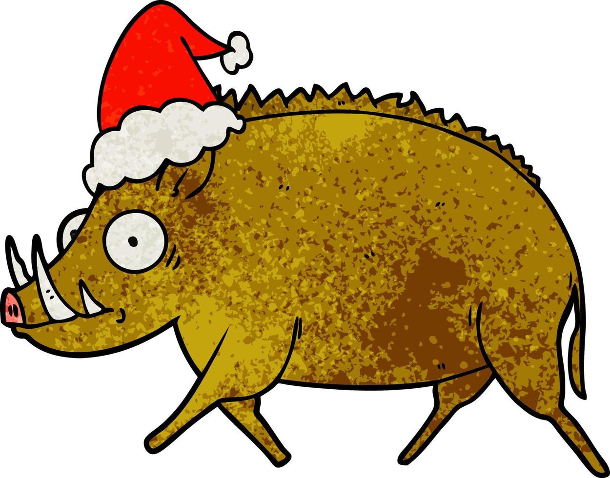 textured cartoon of a wild boar wearing santa hat vector