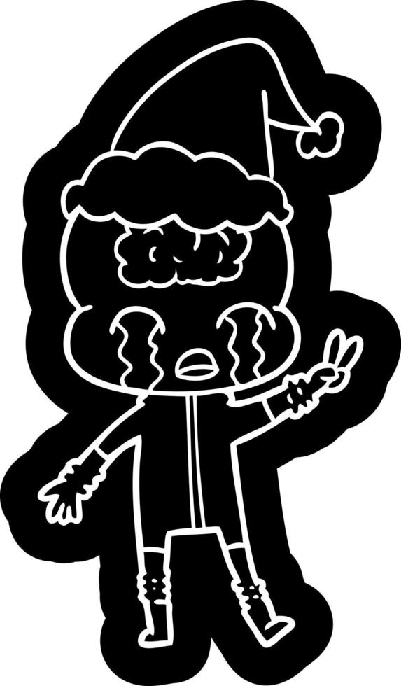 cartoon icon of a big brain alien crying and giving peace sign wearing santa hat vector