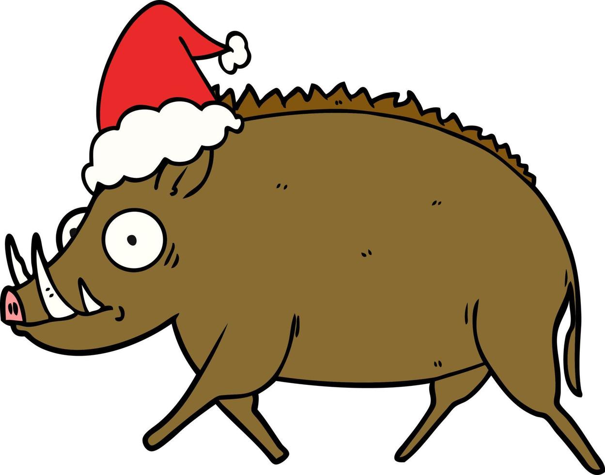 line drawing of a wild boar wearing santa hat vector