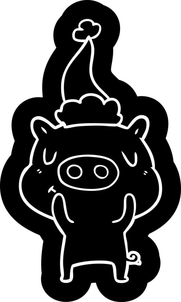 cartoon icon of a content pig wearing santa hat vector