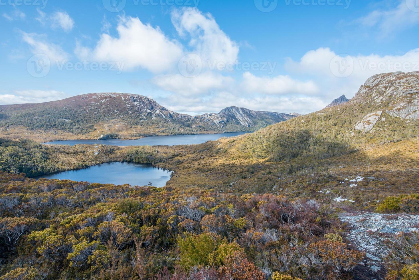 Lake Lila and Dove Lake view from the above of Wombat peak in Cradle mountain national park, Tasmania state of Australia. photo