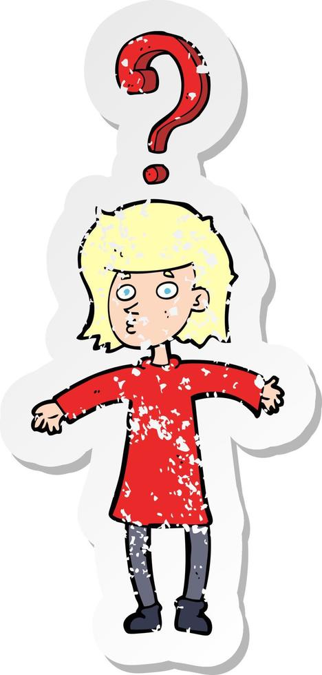 retro distressed sticker of a cartoon woman asking question vector