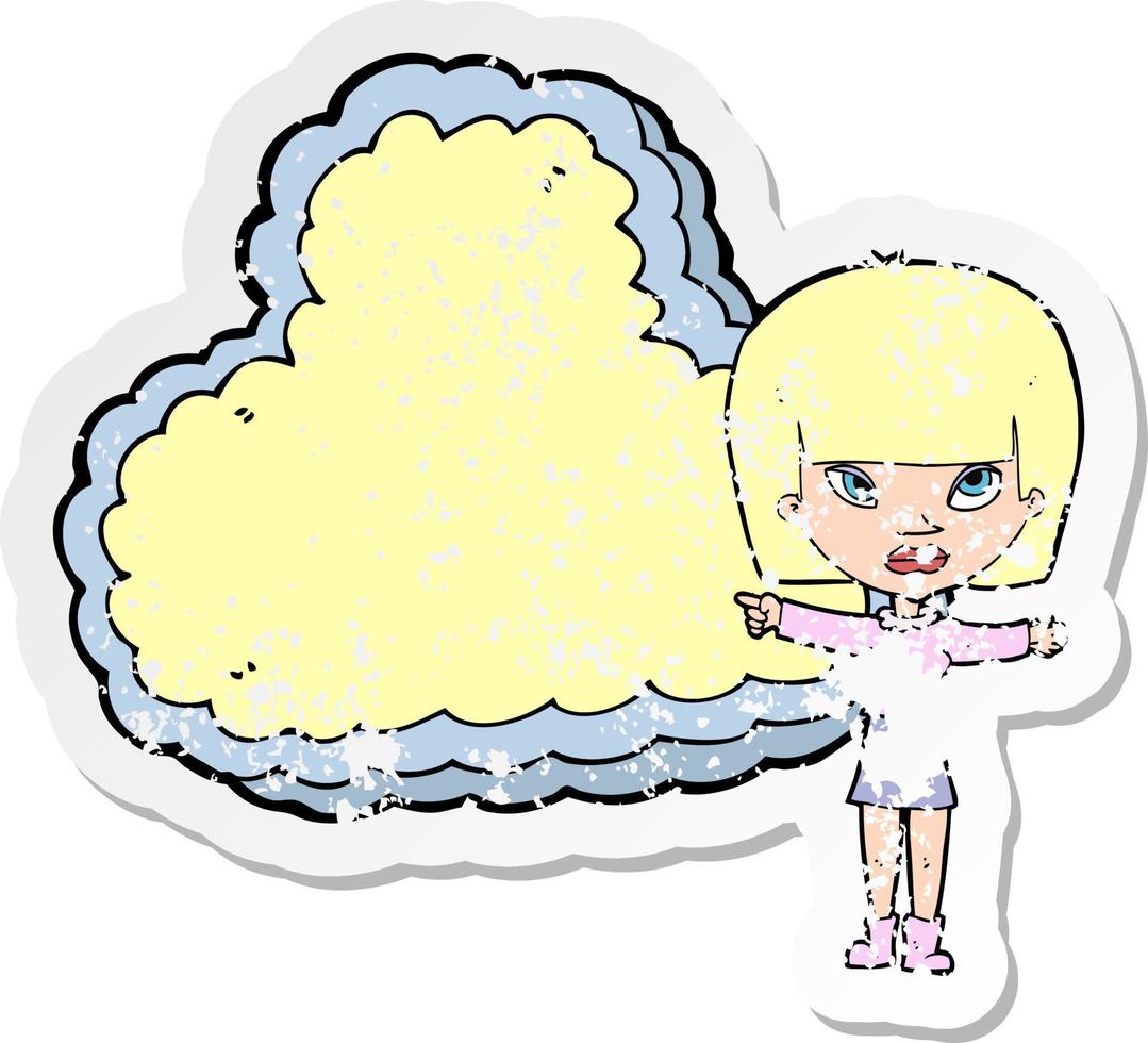 pegatina retro angustiada de una mujer caricaturista con espacio de texto en la nube vector