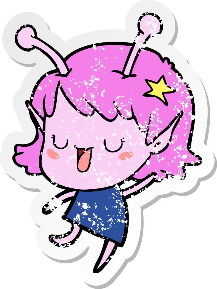 distressed sticker of a happy alien girl cartoon laughing vector