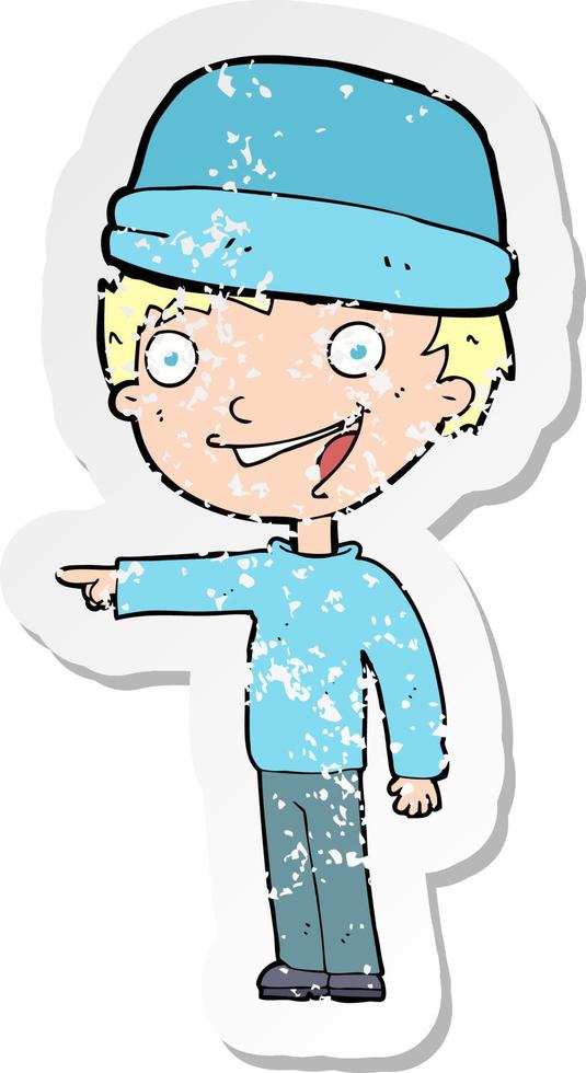 retro distressed sticker of a cartoon man wearing winter hat vector