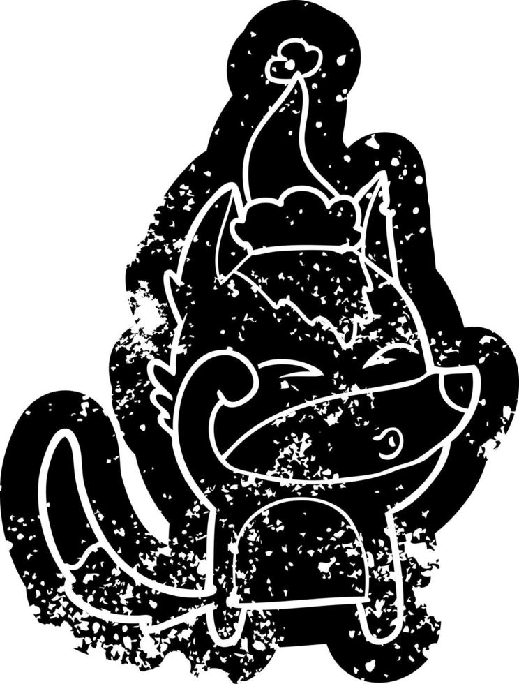 cartoon distressed icon of a wolf pouting wearing santa hat vector