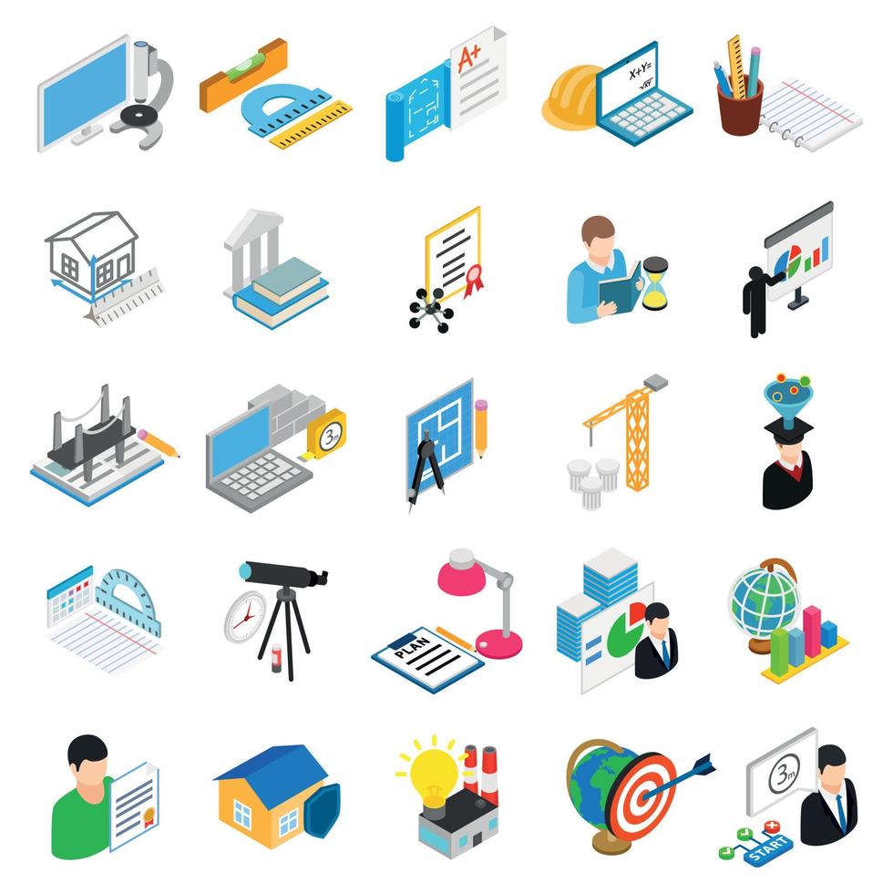 Study of engineer icons set, isometric style vector