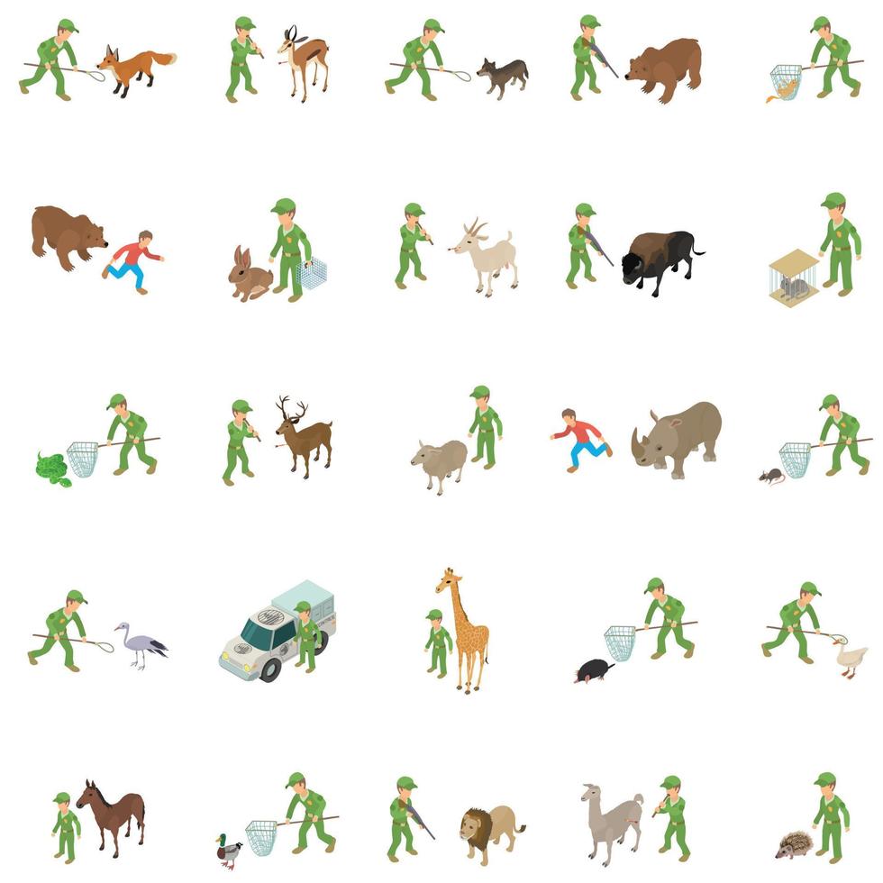 Capture wild animal icons set, isometric style vector