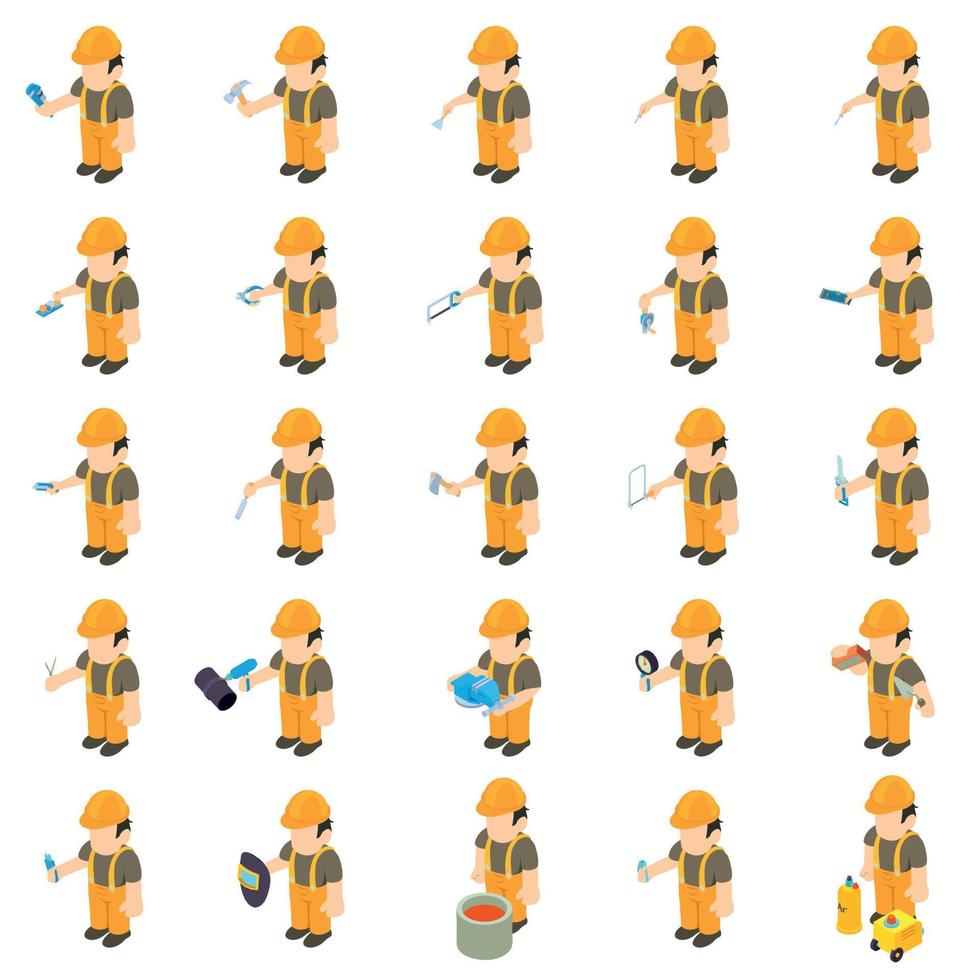 Worker builder icons set, isometric style vector