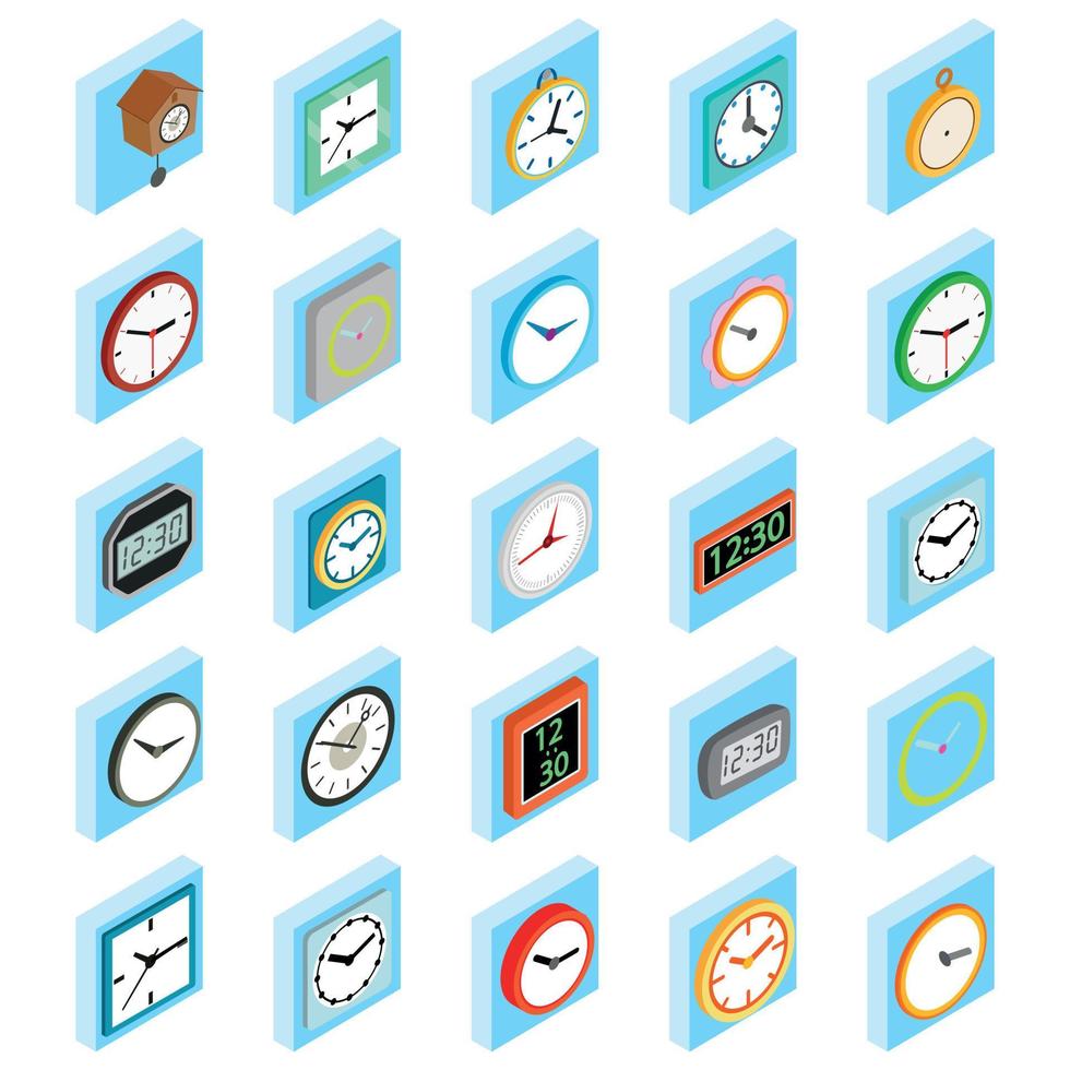 Wall clock icons set, isometric style vector