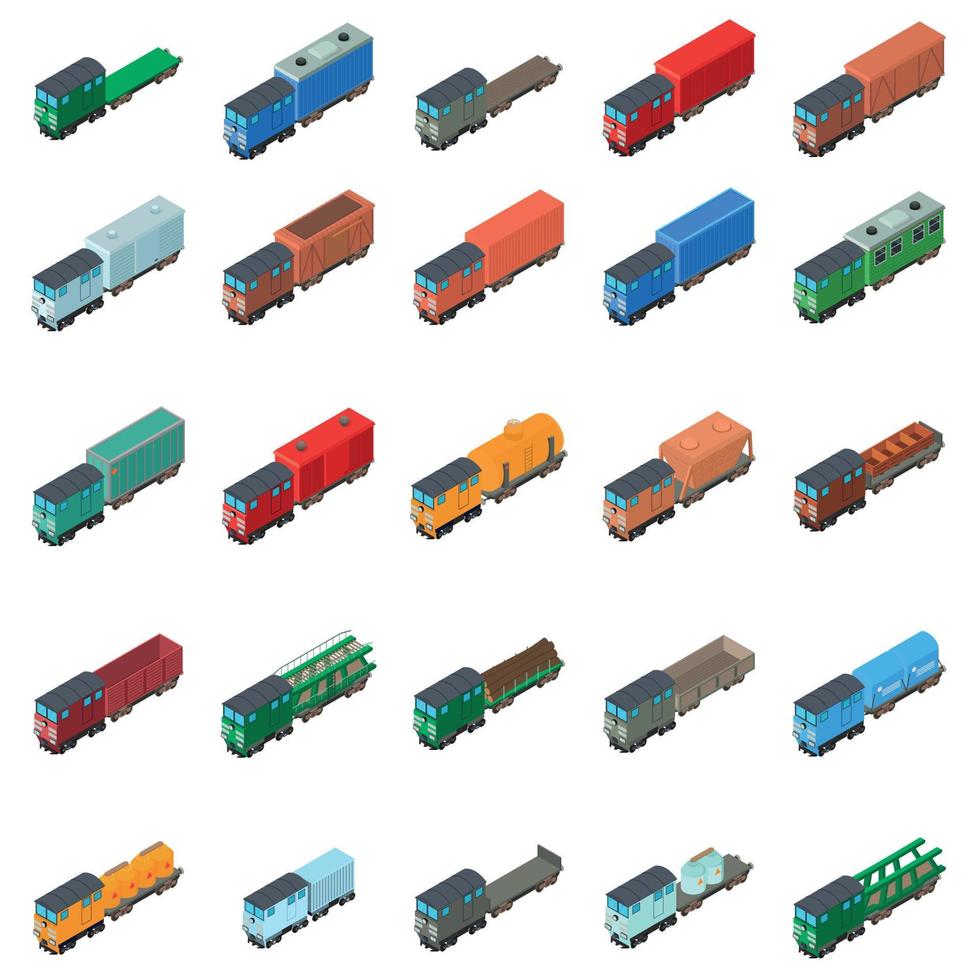 conjunto de iconos de vagones de ferrocarril, estilo isométrico vector