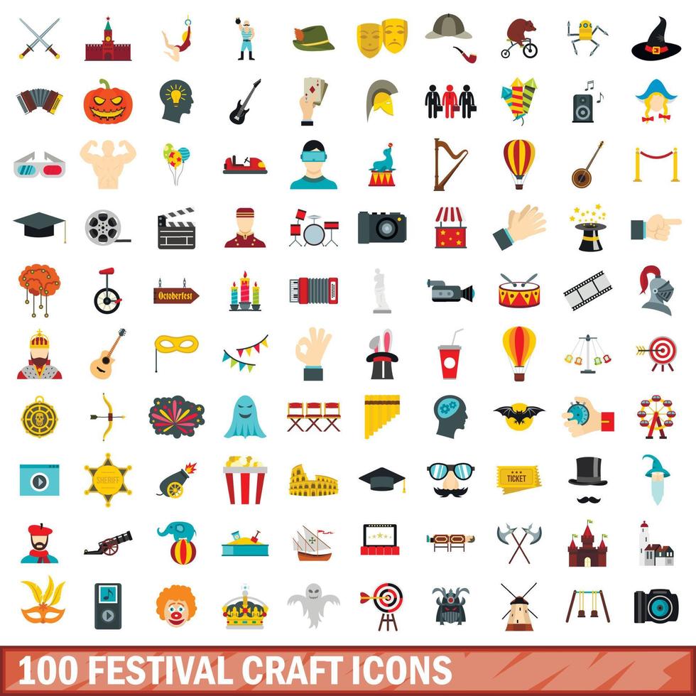 100 festival craft icons set, flat style vector