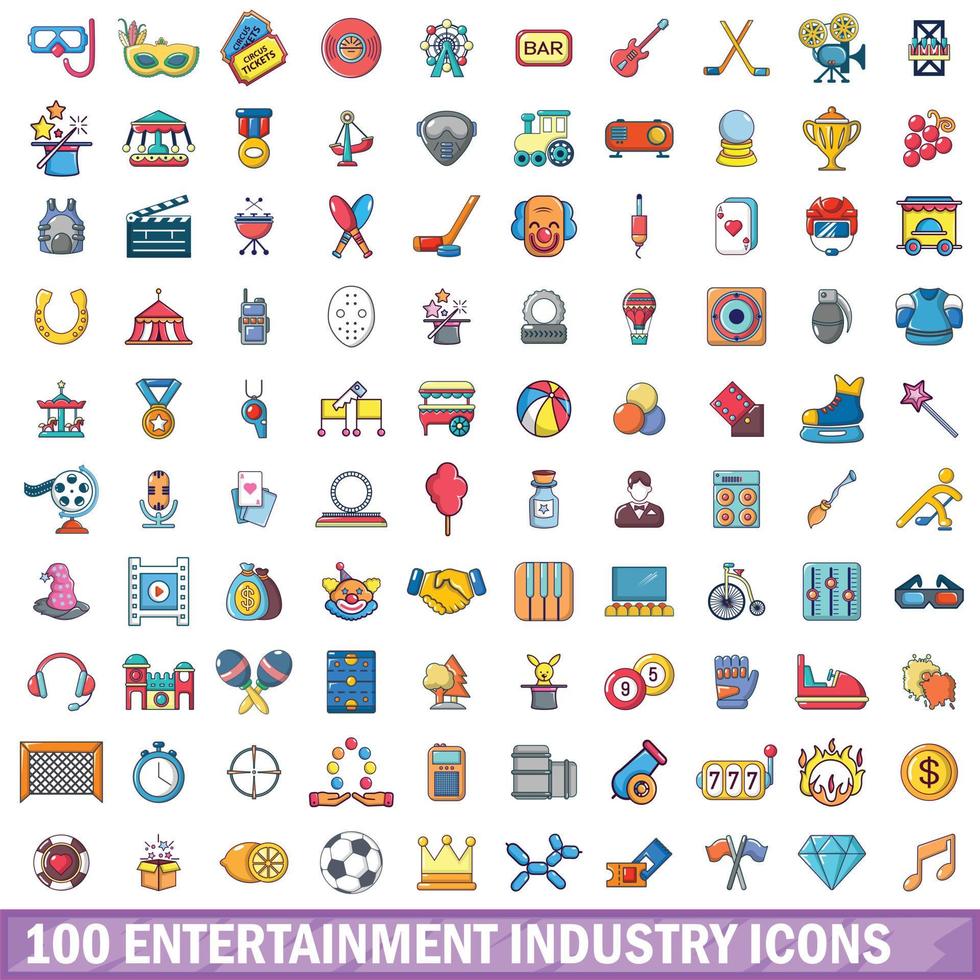 100 entertaiment industry icons set, cartoon style vector