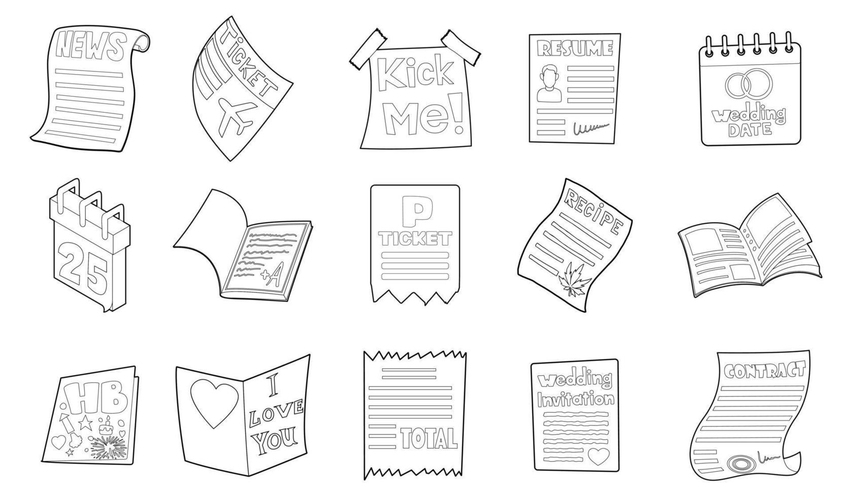 Paper icon set, outline style vector