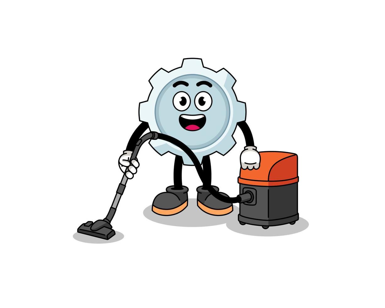 Character mascot of gear holding vacuum cleaner vector