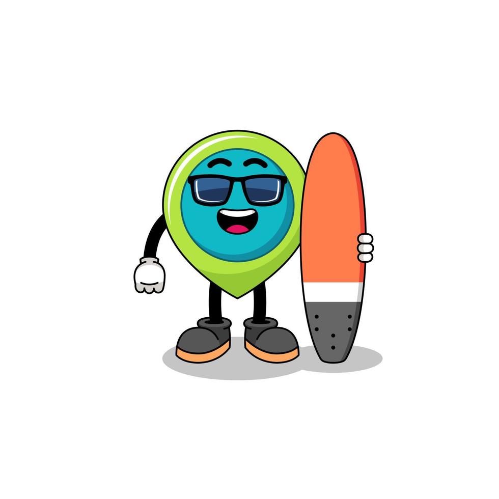 caricatura de mascota del símbolo de ubicación como surfista vector