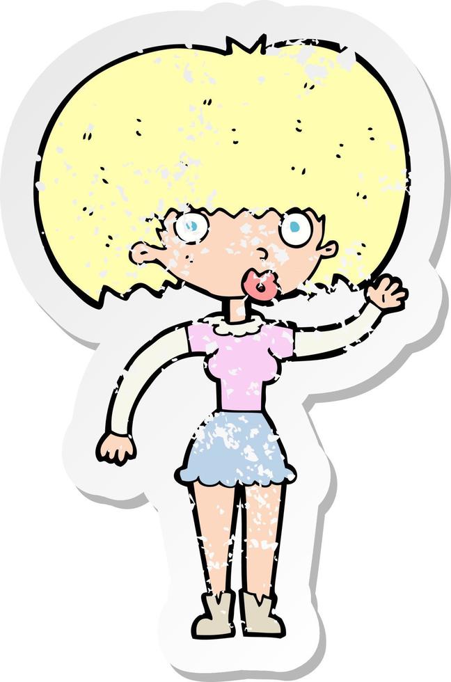 retro distressed sticker of a cartoon woman waving vector