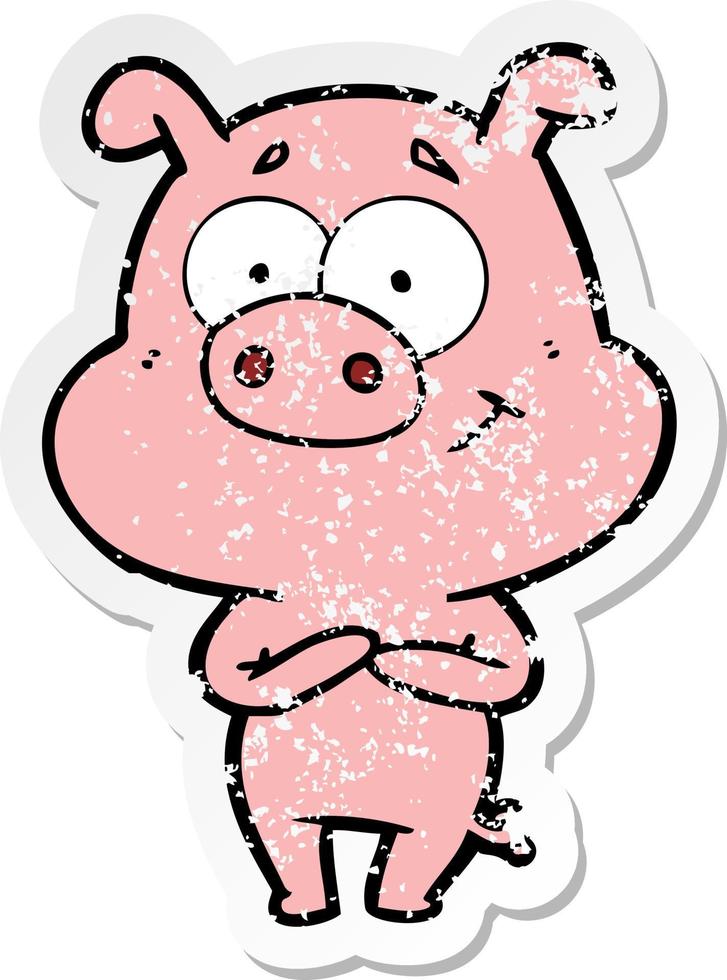 distressed sticker of a happy cartoon pig vector