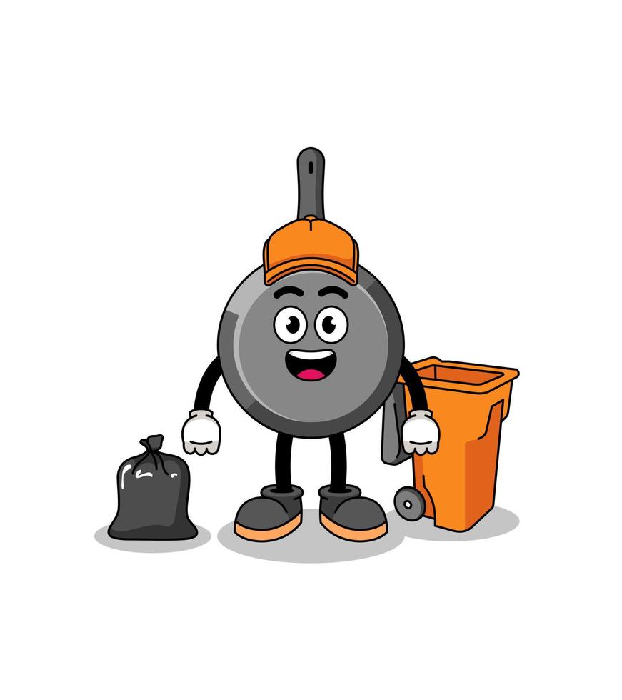Illustration of frying pan cartoon as a garbage collector vector