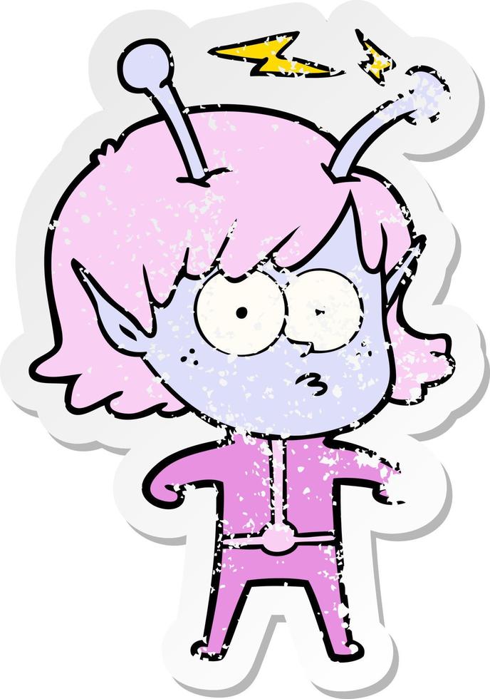 distressed sticker of a cartoon alien girl vector