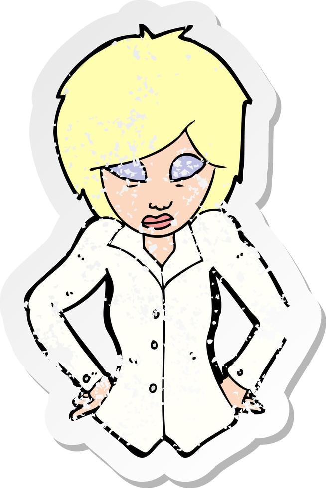retro distressed sticker of a cartoon woman with hands on hips vector