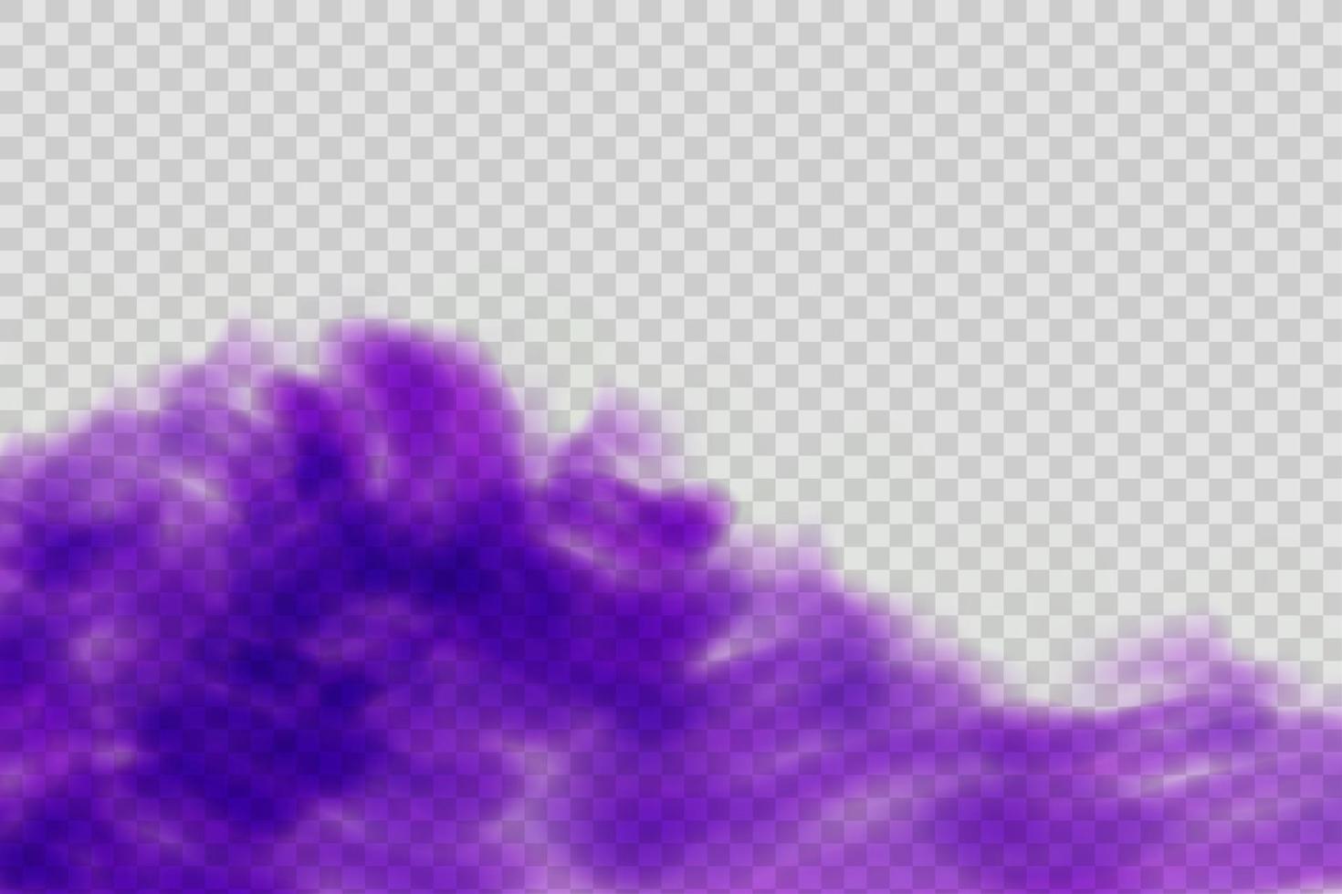 niebla violeta mística aterradora realista en la noche de halloween. gas venenoso púrpura, efecto de polvo y humo. vector