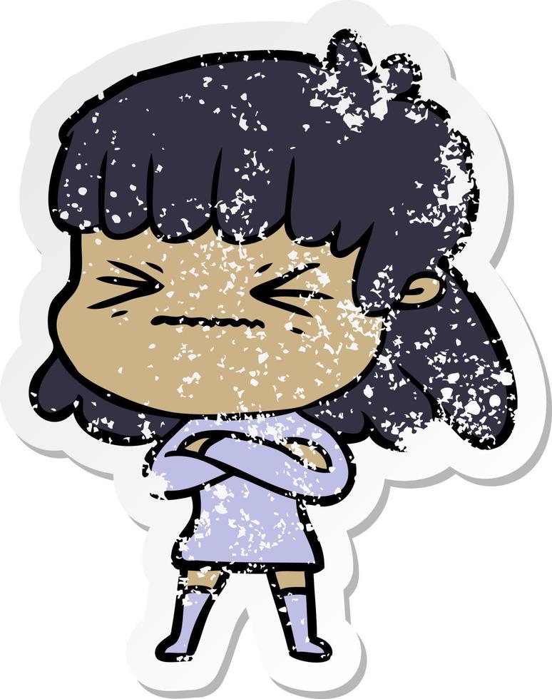 distressed sticker of a cartoon stressed out woman vector