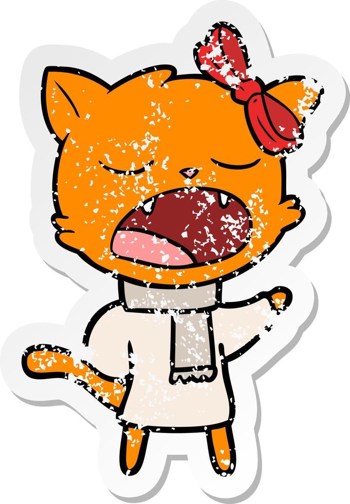 distressed sticker of a cartoon cat in winter clothes vector