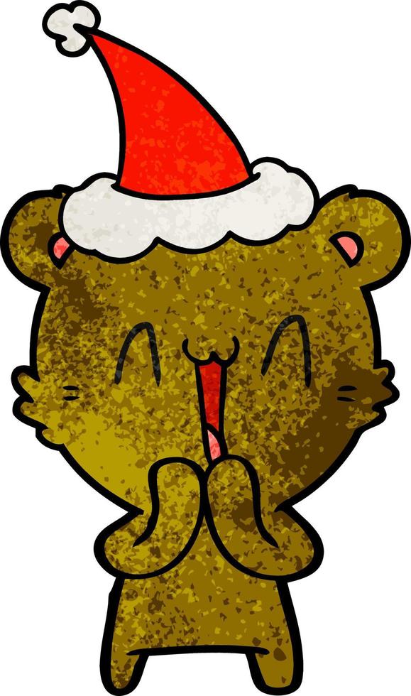 happy bear textured cartoon of a wearing santa hat vector